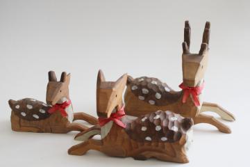 catalog photo of hand carved wood deer, buck, doe, fawn family - rustic decor for cabin or woodland Christmas