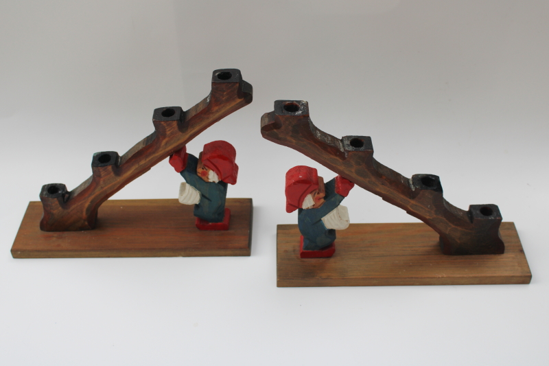 photo of hand carved wood gnomes tree candle holders, vintage Swedish tomten Christmas candelabra #1