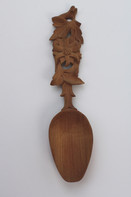 photo of hand carved wood spoon from Switzerland, old Swiss folk art edelweiss flower handmade #1
