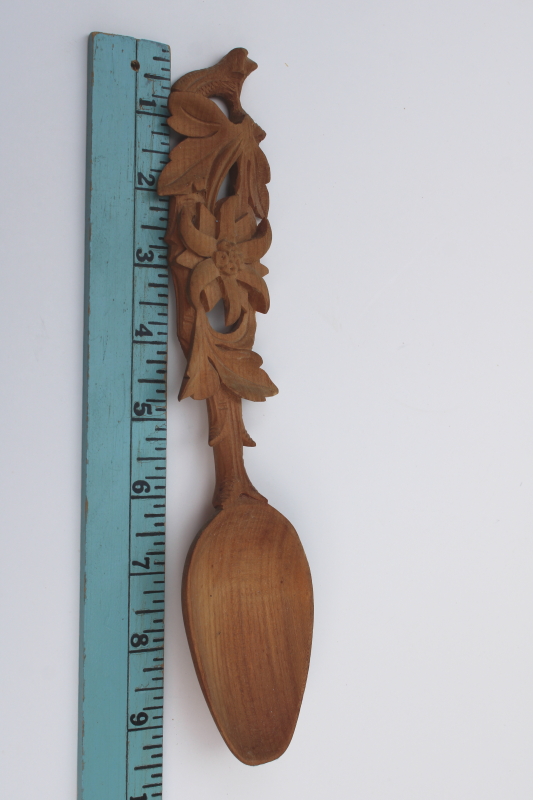 photo of hand carved wood spoon from Switzerland, old Swiss folk art edelweiss flower handmade #2