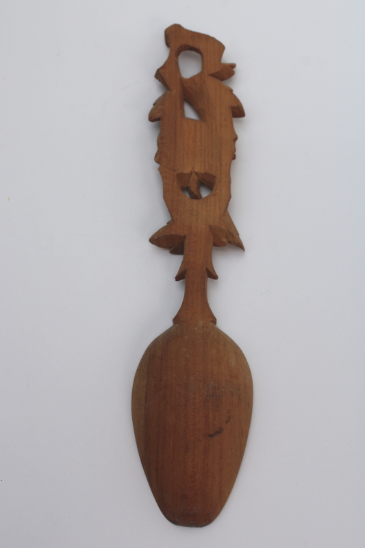 photo of hand carved wood spoon from Switzerland, old Swiss folk art edelweiss flower handmade #3