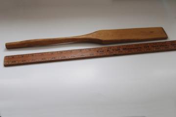catalog photo of hand carved wood stirrer, long handled wooden paddle spoon, vintage kitchen utensil