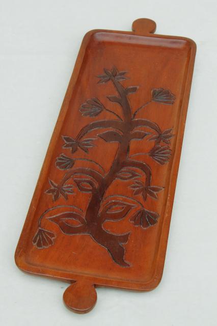 photo of hand carved wood tray made in Haiti, tree of life retro flowering tree #1