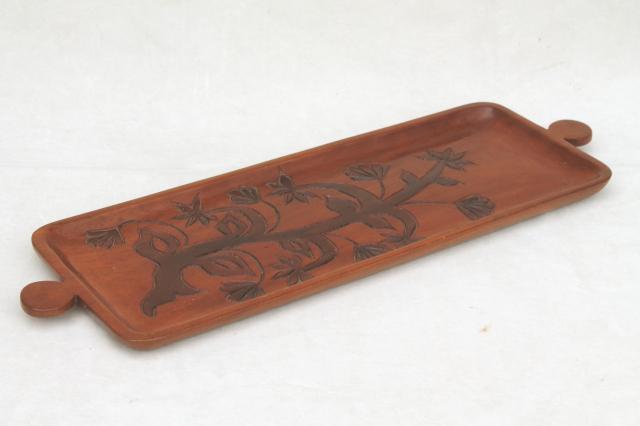 photo of hand carved wood tray made in Haiti, tree of life retro flowering tree #2