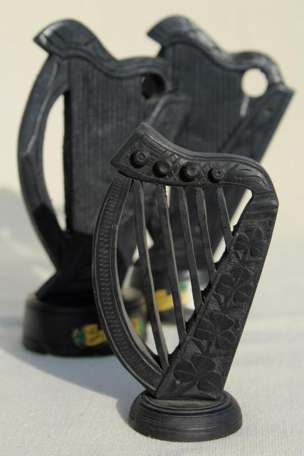 photo of hand carved wooden Irish harps, vintage souvenirs of Ireland, dark peat color wood carvings #1