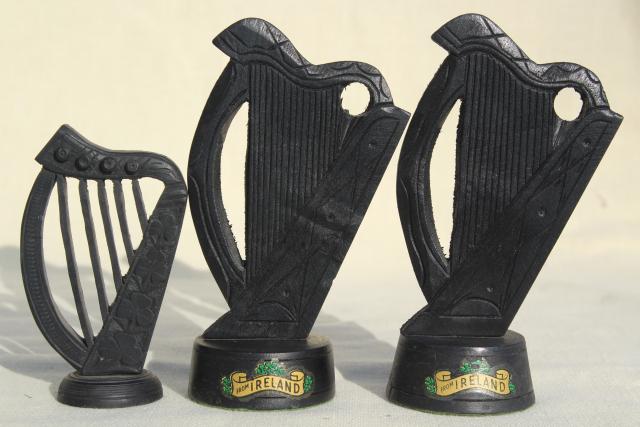 photo of hand carved wooden Irish harps, vintage souvenirs of Ireland, dark peat color wood carvings #5
