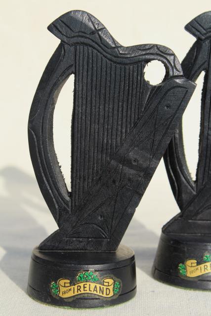 photo of hand carved wooden Irish harps, vintage souvenirs of Ireland, dark peat color wood carvings #6