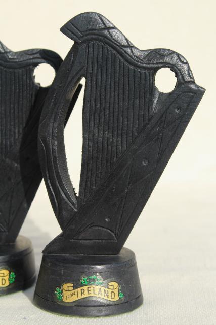 photo of hand carved wooden Irish harps, vintage souvenirs of Ireland, dark peat color wood carvings #7