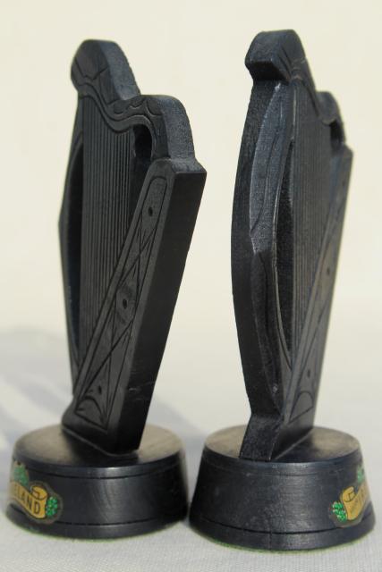 photo of hand carved wooden Irish harps, vintage souvenirs of Ireland, dark peat color wood carvings #9