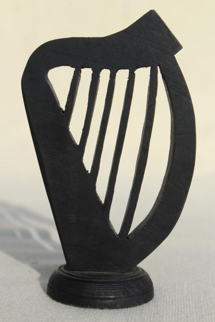 photo of hand carved wooden Irish harps, vintage souvenirs of Ireland, dark peat color wood carvings #12