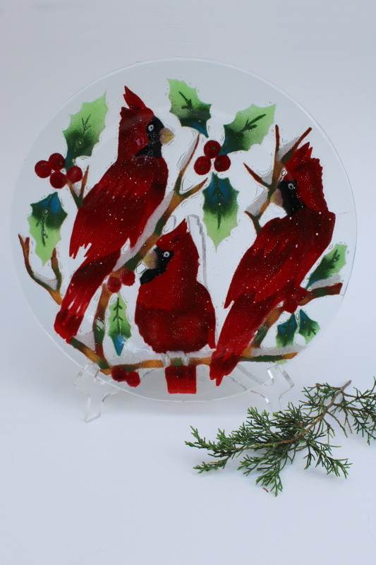 photo of hand crafted art glass fused glass plate, Christmas holly & cardinal birds #1