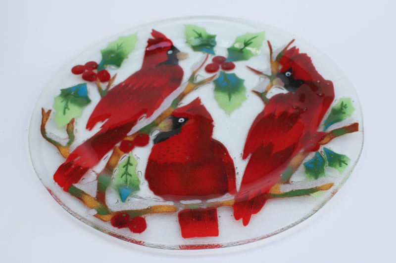 photo of hand crafted art glass fused glass plate, Christmas holly & cardinal birds #2