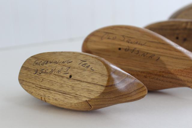 photo of hand crafted carved wooden birds mini decoys, rustic natural wood artist signed carvings #4