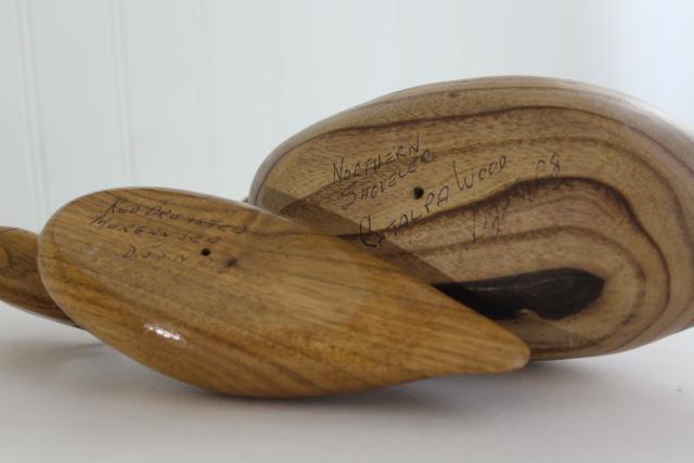 photo of hand crafted carved wooden birds mini decoys, rustic natural wood artist signed carvings #5