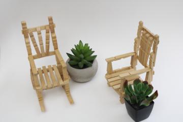 catalog photo of hand crafted chair & rocker for dolls or tiny plant stand, made from wood clothespins