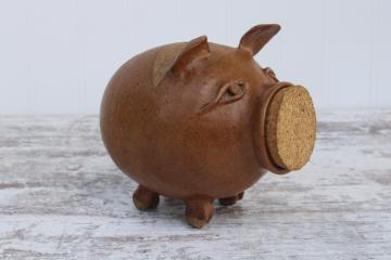 catalog photo of hand crafted pottery piggy bank, rustic style brown ceramic pig 70s 80s vintage