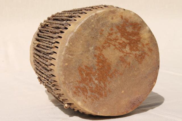 photo of hand crafted rawhide laced leather drum, rough wood log w/ twisted hide lacing #5