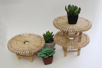 catalog photo of hand crafted tiny tables or plant stands, camp art made from wood clothespins