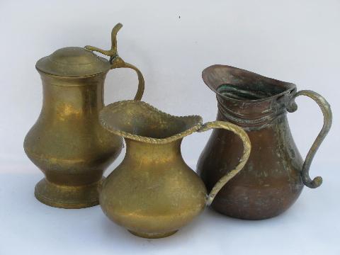 photo of hand crafted vintage metal pitchers, wrought copper, brass pitcher lot #1