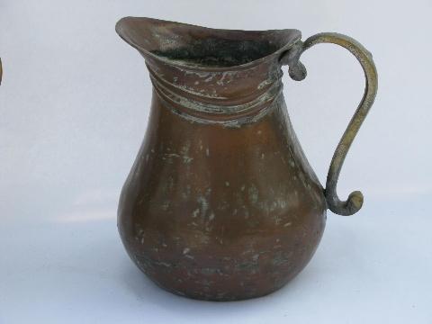 photo of hand crafted vintage metal pitchers, wrought copper, brass pitcher lot #2