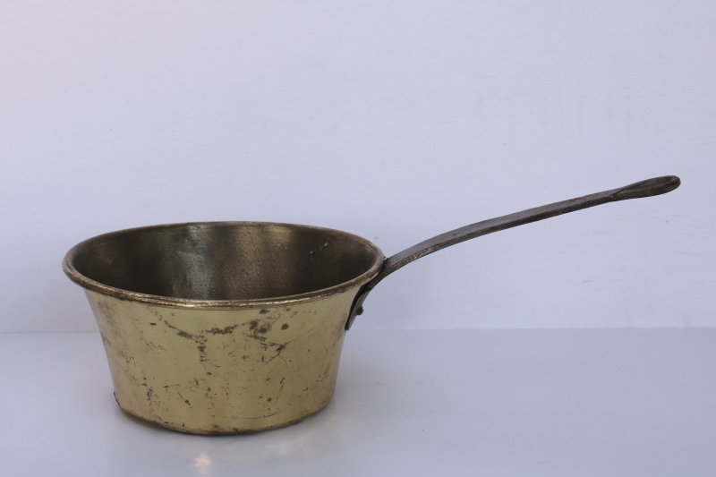 photo of hand crafted vintage solid brass pot, hammered metal sauce pan with forged iron handle  #1