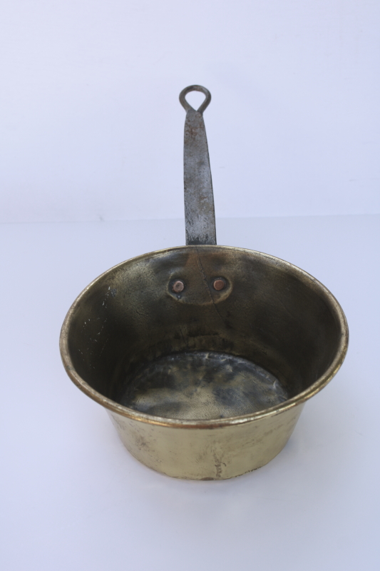 photo of hand crafted vintage solid brass pot, hammered metal sauce pan with forged iron handle  #2