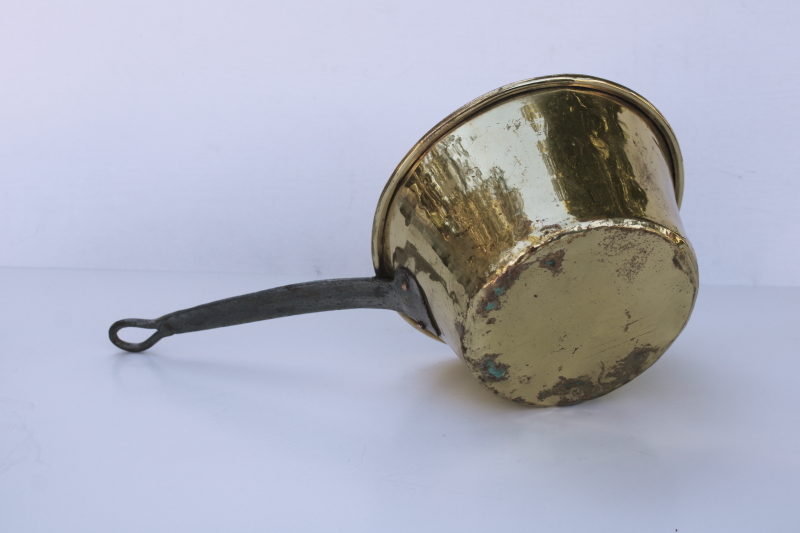 photo of hand crafted vintage solid brass pot, hammered metal sauce pan with forged iron handle  #3