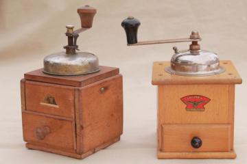 catalog photo of hand crank coffee grinder mills, primitive vintage kitchen tools collection