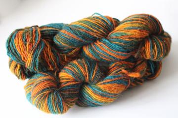 catalog photo of hand dyed & spun wool yarn sunset orange shades w/ turquoise blue & green, three 50 gram hanks 
