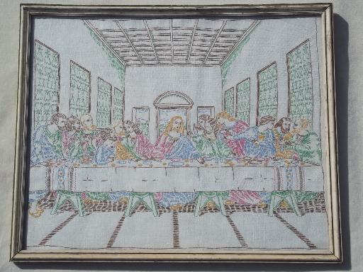 photo of hand embroidered Last Supper, 1950s vintage framed needlework picture  #1