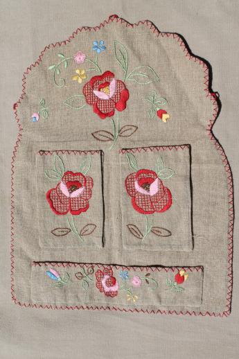 photo of hand embroidered pocket wall hanging w/ antique folk art embroidery on flax linen #1