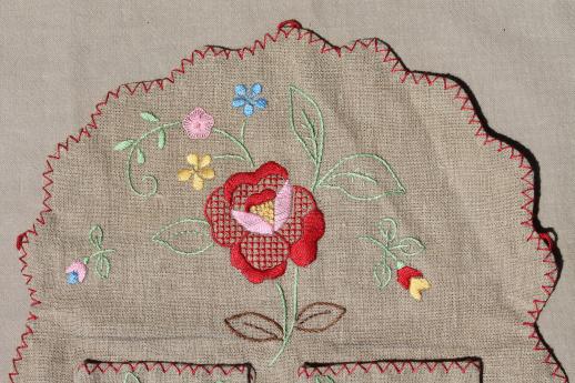 photo of hand embroidered pocket wall hanging w/ antique folk art embroidery on flax linen #2