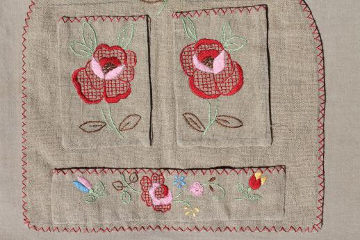 photo of hand embroidered pocket wall hanging w/ antique folk art embroidery on flax linen #3