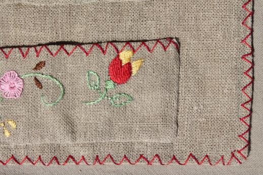 photo of hand embroidered pocket wall hanging w/ antique folk art embroidery on flax linen #6