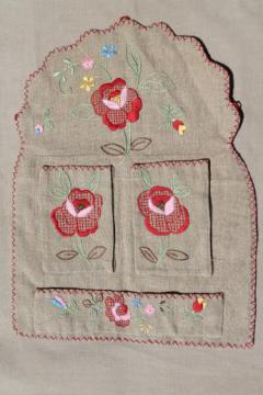 catalog photo of hand embroidered pocket wall hanging w/ antique folk art embroidery on flax linen