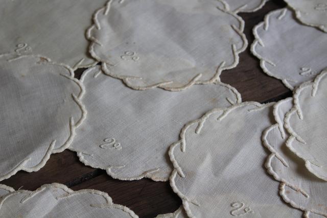 photo of hand embroidered pure linen goblet rounds & doilies, V monogram 1920s vintage trousseau linens #2