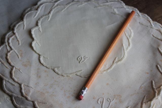 photo of hand embroidered pure linen goblet rounds & doilies, V monogram 1920s vintage trousseau linens #5