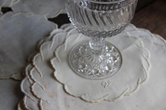 photo of hand embroidered pure linen goblet rounds & doilies, V monogram 1920s vintage trousseau linens #6