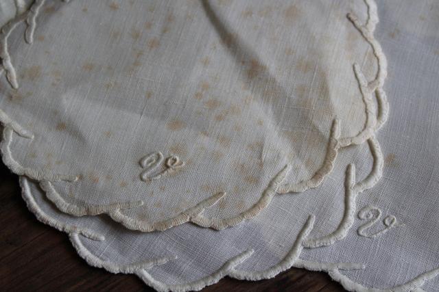 photo of hand embroidered pure linen goblet rounds & doilies, V monogram 1920s vintage trousseau linens #11