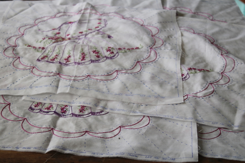 photo of hand embroidered quilt blocks w/ parasol ladies, southern belle girl w/ flower basket #1