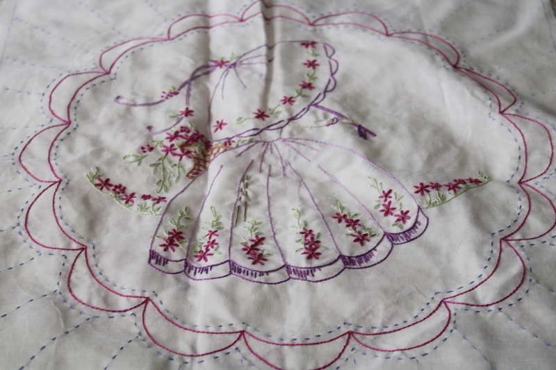 photo of hand embroidered quilt blocks w/ parasol ladies, southern belle girl w/ flower basket #3