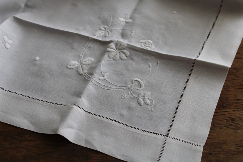 photo of hand embroidered vintage whitework table cover cloth, shamrock clover white on white #2