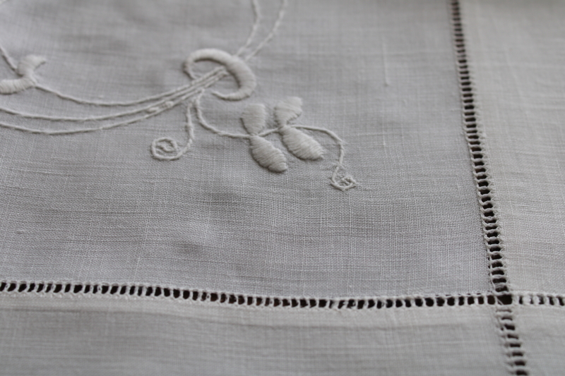 photo of hand embroidered vintage whitework table cover cloth, shamrock clover white on white #3