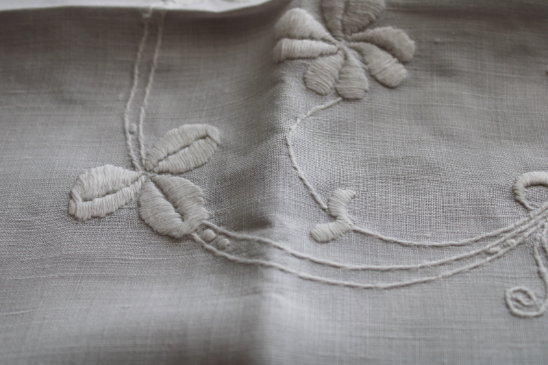 photo of hand embroidered vintage whitework table cover cloth, shamrock clover white on white #4