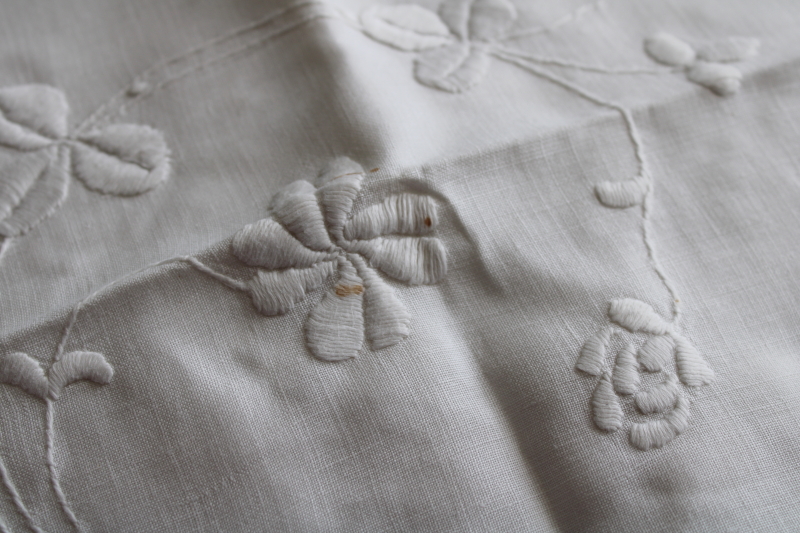 photo of hand embroidered vintage whitework table cover cloth, shamrock clover white on white #6