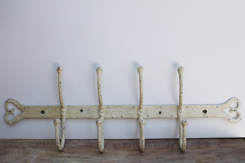 photo of hand forged iron wall mount coat rack w/ hooks, vintage farmhouse primitive hearts #1