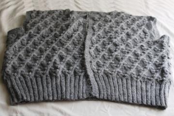 catalog photo of hand knit bobbles grey wool cardigan shell, granny core cottage cozy sweater 