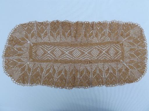 photo of hand knit cafe au lait lace table runner, vintage knitted cotton thread lace #1