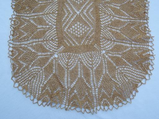 photo of hand knit cafe au lait lace table runner, vintage knitted cotton thread lace #2