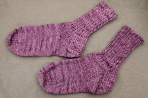 photo of hand knit socks, pair of vintage socks hand knitted in plum purple wool yarn #1